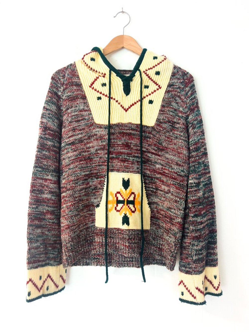 VINTAGE KMART 70’s Knit Boho Hoodie Bell Sleeve Variegated Sweater - Picture 2 of 12